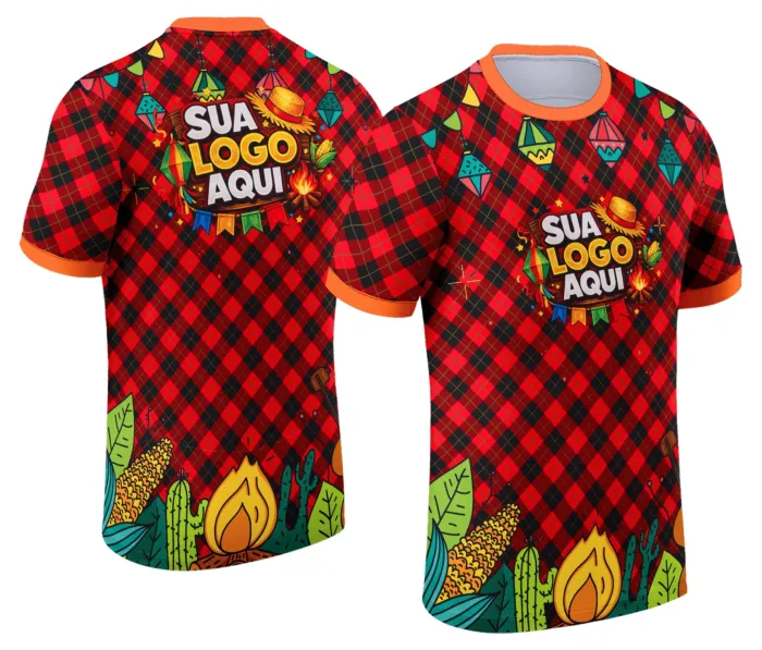 Camiseta unissex branca com logo no peito e estampa grande nas costas com tema Festa Junina Arraiá modelo 041, perfeita para festas típicas juninas, confortável e estilosa.