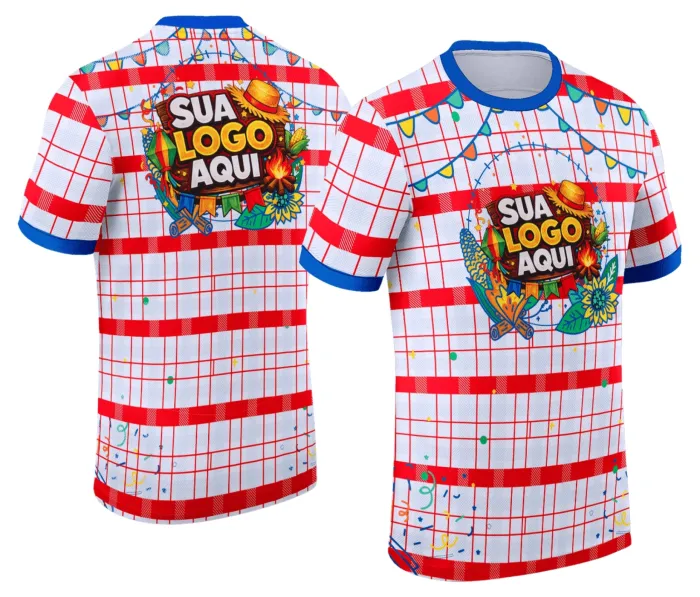 Camiseta unissex branca com logo no peito e estampa grande nas costas, tema Festa Junina Arraiá, modelo 042, perfeita para arrasar no clima da festa.