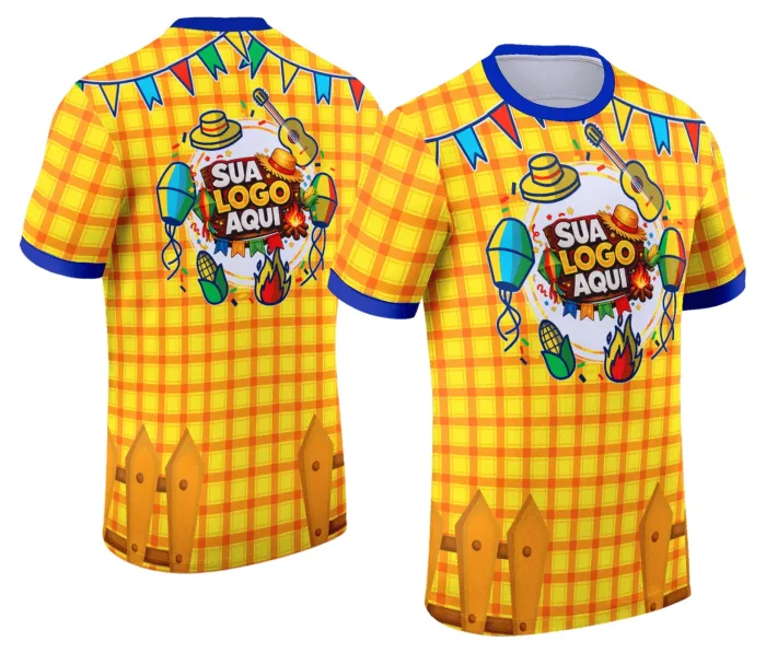 Camiseta unissex branca com logo no peito e estampa grande nas costas com tema Festa Junina Arraiá, modelo 043, perfeita para eventos juninos e celebrações tradicionais.