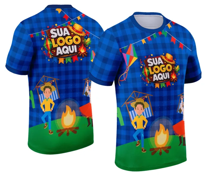 Camiseta unissex branca com logo no peito e estampa grande nas costas com tema Festa Junina Arraiá, ideal para celebrar com estilo e tradição.