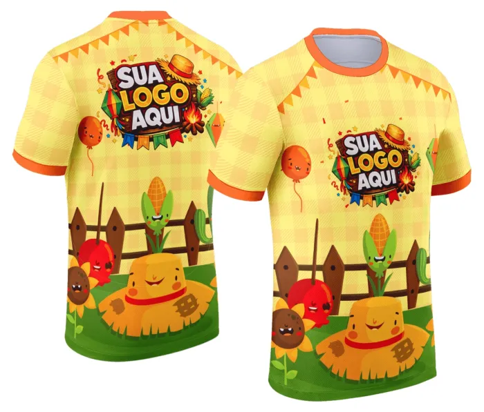 Camiseta unissex branca com logo no peito e estampa grande nas costas com tema Festa Junina Arraiá, destacando cores vivas e elementos típicos da festa junina, ideal para eventos e celebrações.