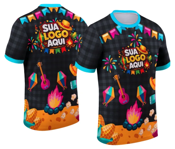 Camiseta unissex branca com logo no peito e estampa grande nas costas no tema Festa Junina Arraiá, ideal para celebrações juninas com visual alegre e tradicional.