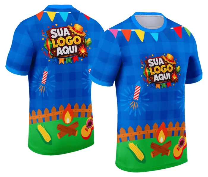 Camiseta unissex branca com logo no peito e estampa grande nas costas inspirada em Festa Junina Arraiá Modelo 048, ideal para confraternizações de junho.