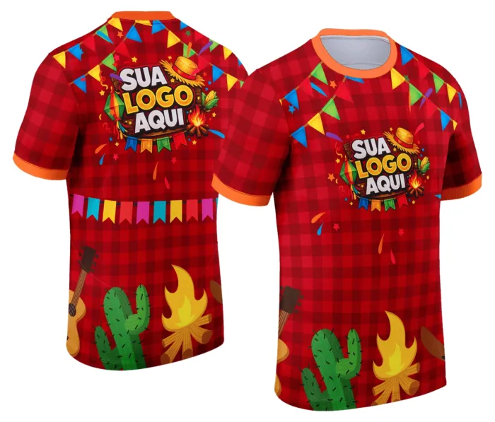 Camiseta unissex branca com logo no peito e estampa grande nas costas do tema Festa Junina Arraiá, perfeita para celebrar com estilo nas festas juninas.