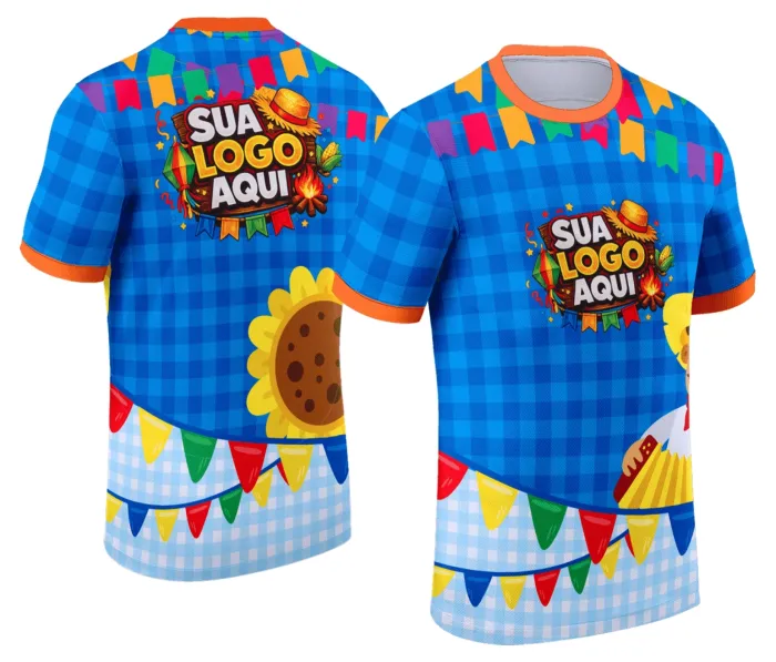 Camiseta unissex branca com logo no peito e estampa grande nas costas com tema Festa Junina Arraiá em cores vibrantes, ideal para festas tradicionais juninas.