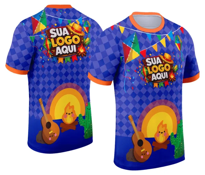 Camiseta unissex branca com logo no peito e estampa grande nas costas com tema Festa Junina Arraiá Modelo 051, perfeita para comemorações juninas.