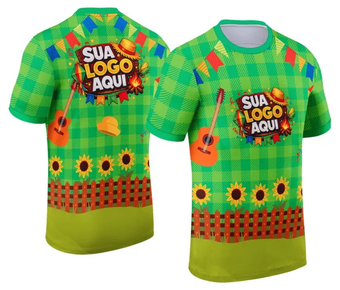 Camiseta unissex branca com logo no peito e estampa grande nas costas inspirada em Festa Junina Arraiá, modelo 052, ideal para celebrar com estilo e conforto.