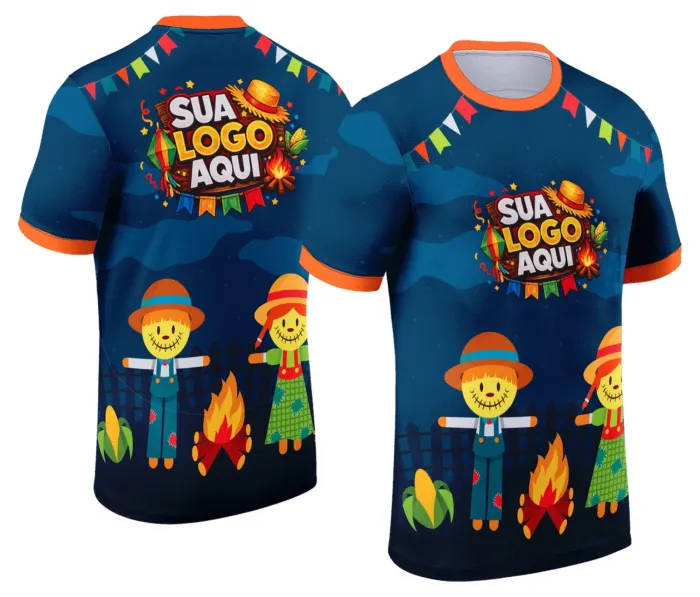 Camiseta unissex branca com logo no peito e estampa grande nas costas com tema Festa Junina Arraiá Modelo 053, perfeita para celebrar com estilo e alegria.