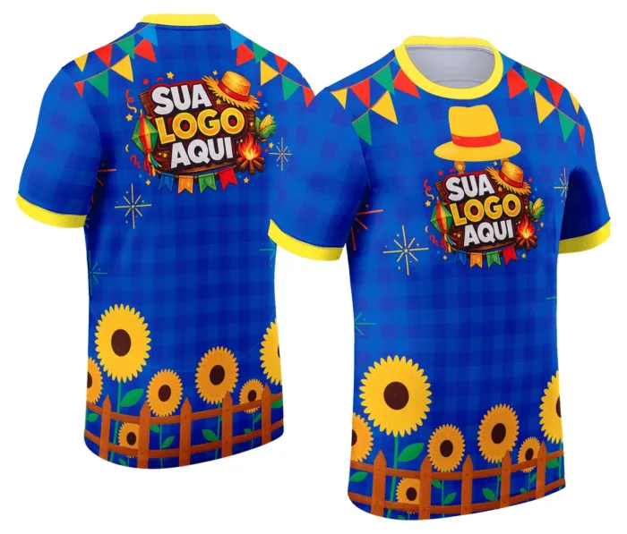 Camiseta unissex branca com logo no peito e estampa grande nas costas, celebrando o tema Festa Junina Arraiá, perfeita para festas tradicionais e encontros juninos.