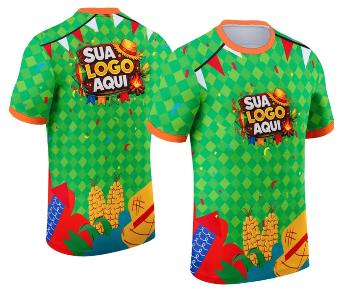 Camiseta unissex branca com logo no peito e estampa grande nas costas, tema Festa Junina Arraiá, ideal para celebrar com estilo e conforto.