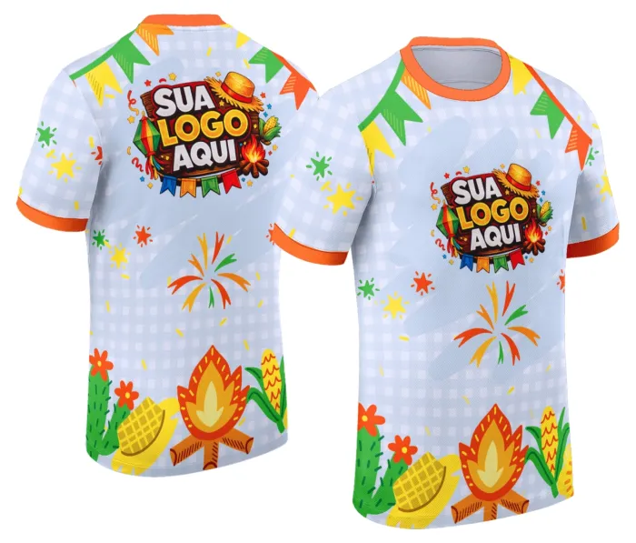 Camiseta unissex branca com logo no peito e estampa grande nas costas, tema Festa Junina Arraiá, perfeita para celebrar com estilo e tradição nas festas juninas.