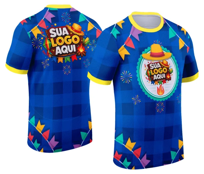 Camiseta unissex branca com logo no peito e estampa grande nas costas com tema Festa Junina Arraiá, design colorido e festivo ideal para eventos juninos e celebrações típicas.