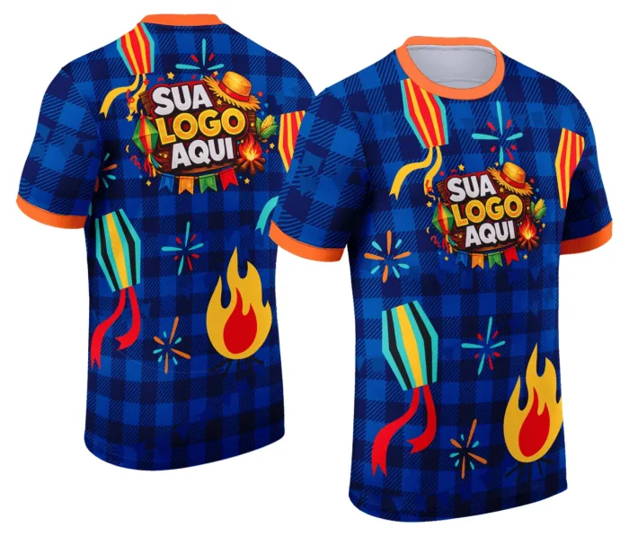 Camiseta unissex branca com logo no peito e estampa grande nas costas temática de Festa Junina Arraiá, estilo alegre e colorido, perfeita para celebrações juninas.