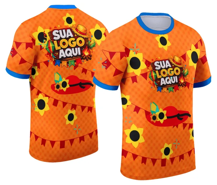 Camiseta unissex branca com logo no peito e estampa grande nas costas, tema Festa Junina Arraiá, ideal para celebrações juninas com visual alegre e colorido.