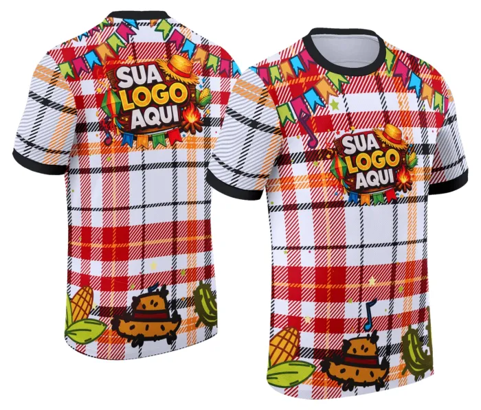 Camiseta unissex branca com logo no peito e estampa grande nas costas de Festa Junina Arraiá, perfeita para eventos juninos e celebrações típicas.