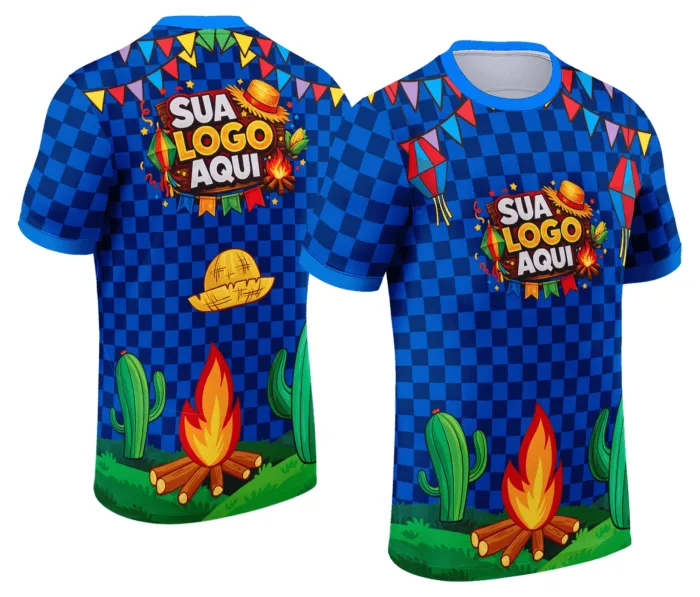 Camiseta unissex branca com logo no peito e estampa grande nas costas tema Festa Junina Arraiá Modelo 061, perfeita para celebrações juninas e eventos típicos.