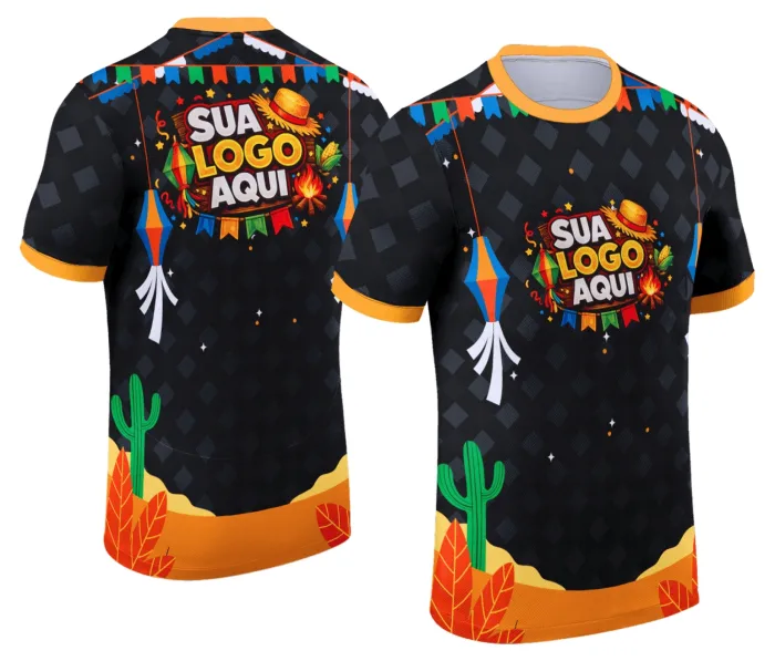 Camiseta unissex branca com logo no peito e estampa grande nas costas, tema Festa Junina Arraiá, perfeita para curtir o São João com estilo e conforto.