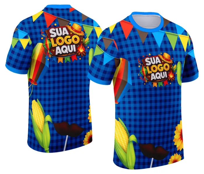 Camiseta unissex branca com logo no peito e estampa grande nas costas, temática Festa Junina Arraiá Modelo 063, ideal para comemorações juninas com estilo e tradição.
