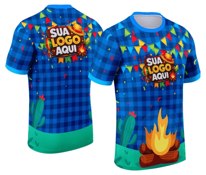 Camiseta unissex branca com logo no peito e estampa grande nas costas, tema Festa Junina Arraiá, ideal para celebrar a tradição com estilo e alegria