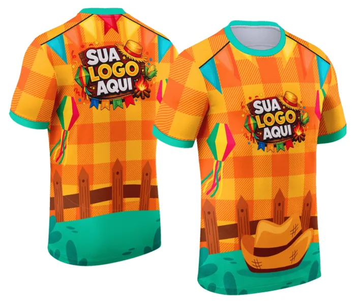 Camiseta unissex branca com logo no peito e estampa grande nas costas sobre tema Festa Junina Arraiá, ideal para celebrar o arraiá com estilo e cor vibrante.