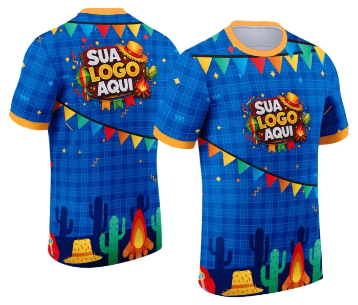 Camiseta unissex preta com logo no peito e estampa grande nas costas, tema Festa Junina Arraiá, ideal para celebração junina com design vibrante e alegre.