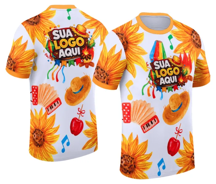 Camiseta unissex branca com logo no peito e estampa grande nas costas com tema Festa Junina Arraiá, perfeita para clima de festa e celebração junina.