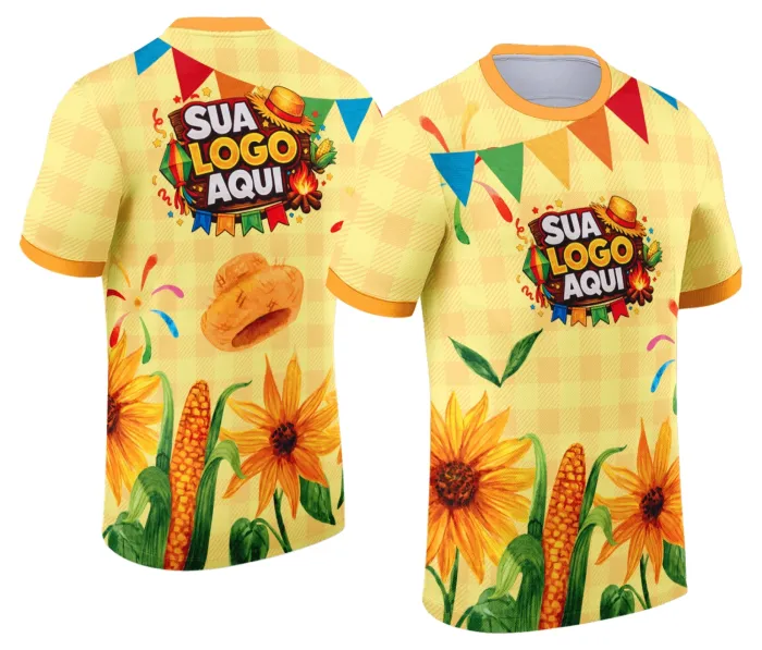 Camiseta unissex branca com logo no peito e estampa grande nas costas tema Festa Junina Arraiá Modelo 068, perfeita para arrasar nas festas juninas com estilo e cor vibrante.