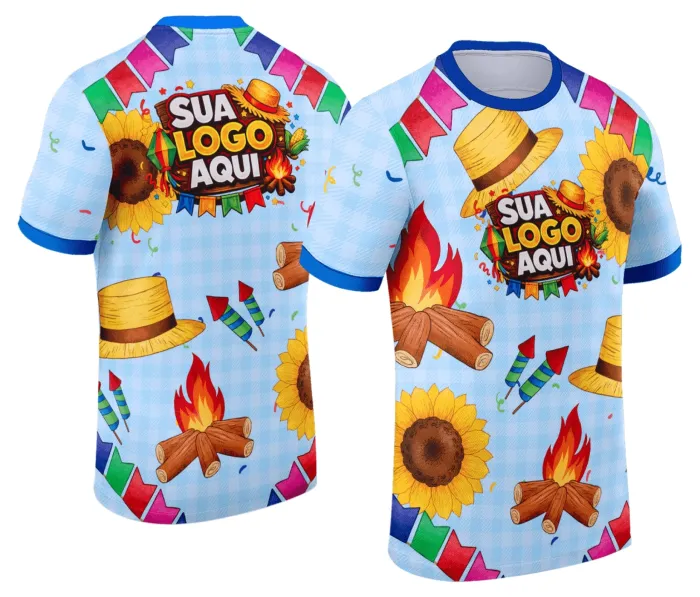 Camiseta unissex branca com logo no peito e estampa grande nas costas com tema Festa Junina Arraiá Modelo 069, ideal para comemorações tradicionais e animadas.