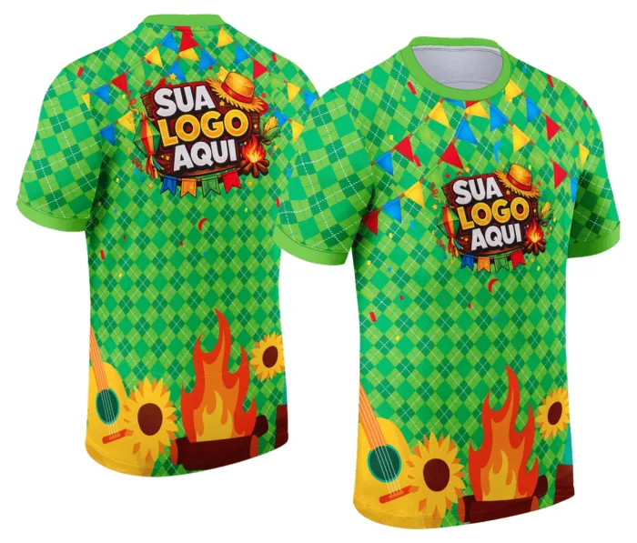 Camiseta unissex branca com logo no peito e estampa grande nas costas com tema Festa Junina Arraiá Modelo 070, perfeita para celebrações juninas.