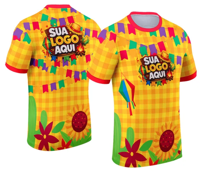 Camiseta unissex branca com logo no peito e estampa grande nas costas, tema Festa Junina Arraiá Modelo 071, ideal para celebrações juninas com visual moderno e tradicional.