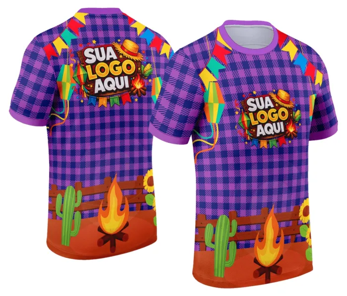 Camiseta unissex branca com logo no peito e estampa grande nas costas com tema Festa Junina Arraiá, ideal para celebrações juninas e festas típicas.