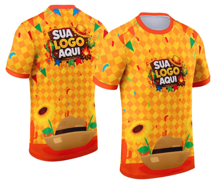 Camiseta unissex branca com logo no peito e estampa grande nas costas com tema Festa Junina Arraiá, perfeita para celebrar o clima típico das festas juninas.
