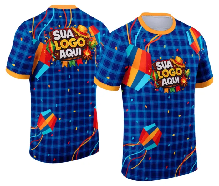 Camiseta unissex branca com logo no peito e estampa grande nas costas mostrando tema Festa Junina Arraiá, perfeita para celebrar em festas juninas com estilo e conforto.