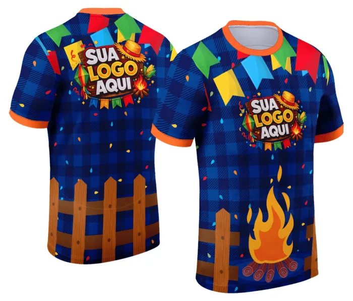 Camiseta unissex branca com logo no peito e estampa grande nas costas com tema Festa Junina Arraiá, destacando cores vibrantes e elementos típicos da festa junina, perfeita para celebrar com estilo.