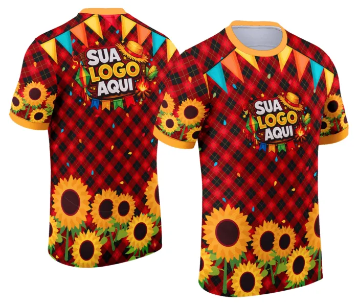 Foto de camiseta unissex branca com logo no peito e estampa grande nas costas com tema de Festa Junina Arraiá, ideal para celebrações típicas com estilo e conforto.