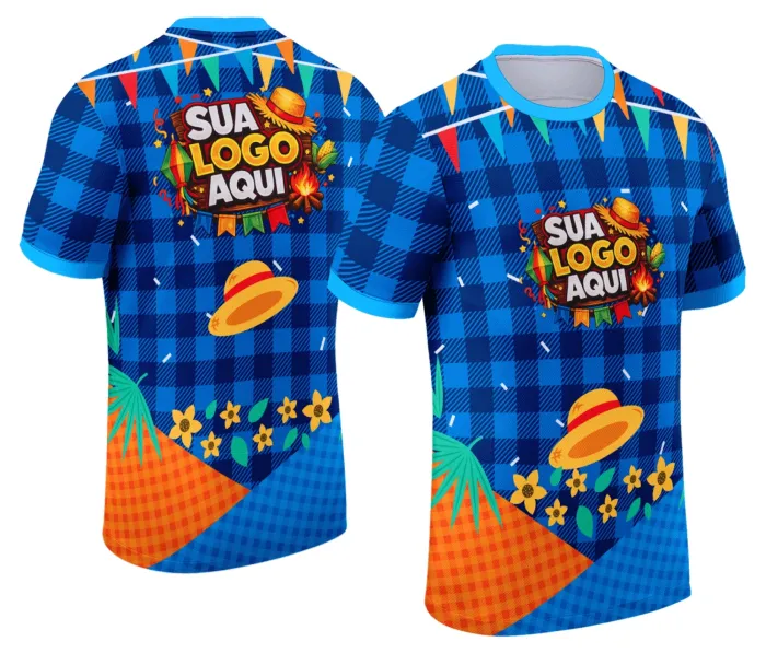 Camiseta unissex branca com logo no peito e estampa grande nas costas com tema Festa Junina Arraiá Modelo 077, ideal para celebrar festas típicas com estilo e conforto.