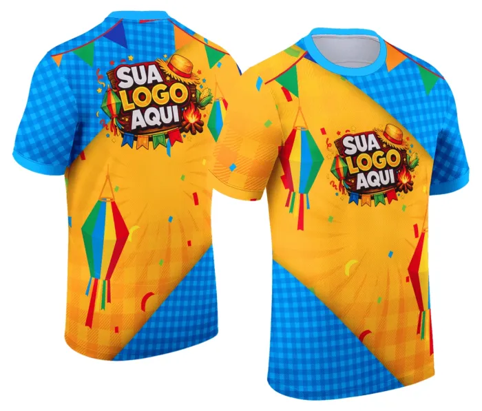 Camiseta unissex branca com logo no peito e estampa grande nas costas com tema Festa Junina Arraiá Modelo 078, perfeita para arrasar no clima da festa junina com estilo e conforto.