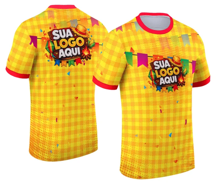 Camiseta unissex branca com logo no peito e estampa grande nas costas, tema Festa Junina Arraiá Modelo 079, adequada para celebrações típicas e eventos juninos.