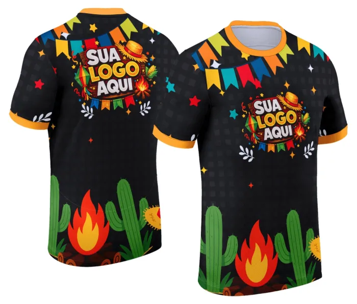 Camiseta unissex branca com logo no peito e estampa grande nas costas com tema Festa Junina Arraiá Modelo 080, perfeita para arrasar na festa.