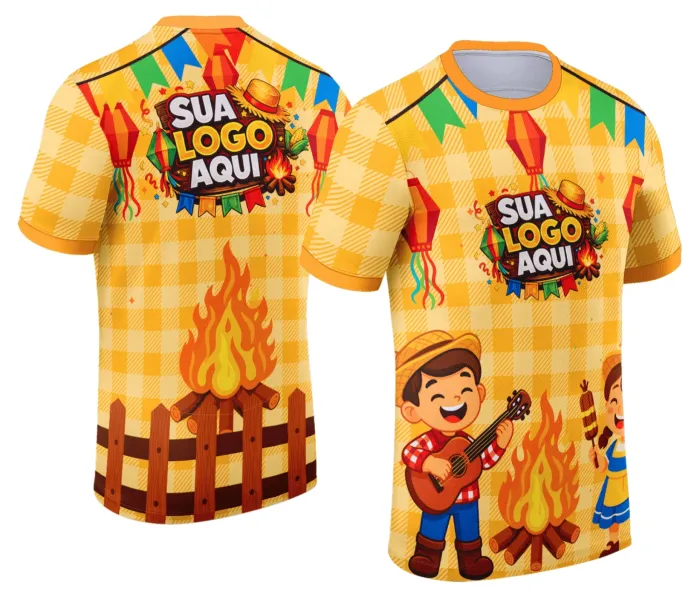 Camiseta unissex branca com logo no peito e estampa grande nas costas temática de Festa Junina Arraiá, ideal para celebrações juninas com estilo e conforto.