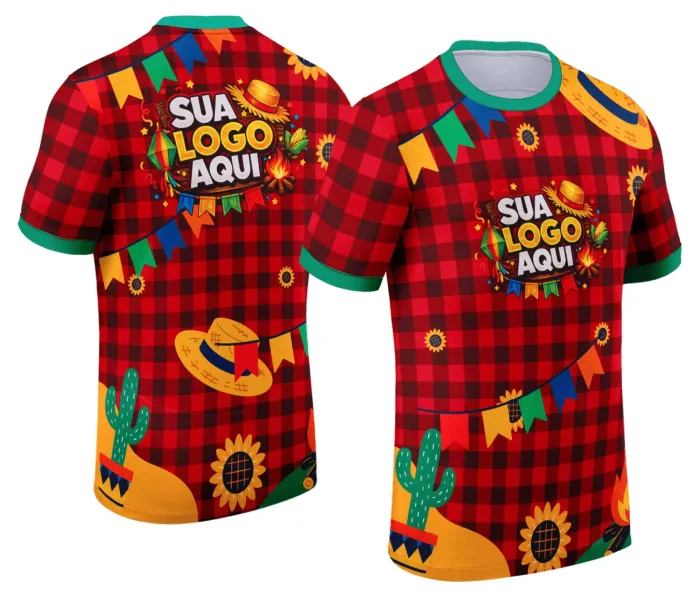 Camiseta unissex branca com logo no peito e estampa grande nas costas temática de Festa Junina Arraiá, modelo 082, ideal para celebrar com estilo e tradição.