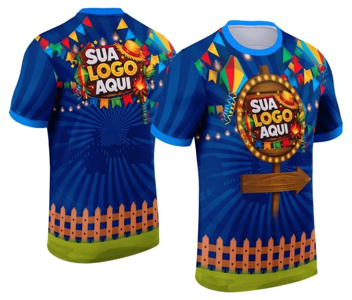 Camiseta unissex branca com logo no peito e estampa grande nas costas com tema Festa Junina Arraiá, perfeita para celebrar o Arraiá com estilo e conforto.