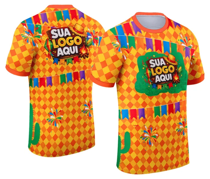 Camiseta unissex branca com logo no peito e estampa grande nas costas com tema Festa Junina Arraiá, perfeita para ocasiões típicas e festas juninas animadas.