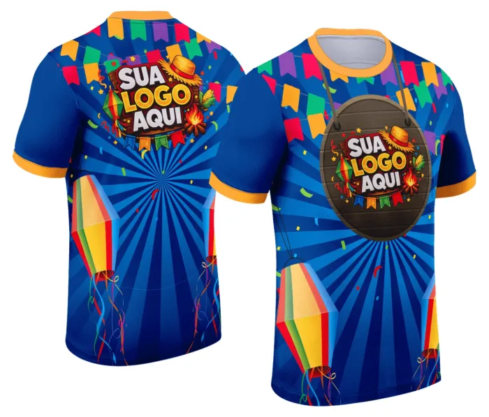 Camiseta unissex branca com logo no peito e estampa grande nas costas com tema Festa Junina Arraiá, modelo 085, design colorido e alegre, ideal para celebrações juninas.