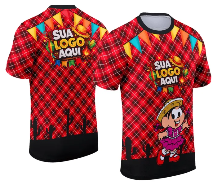 Camiseta unissex branca com logo no peito e estampa grande nas costas com tema Festa Junina Arraiá, ideal para celebração típica e clima alegre de festa junina.