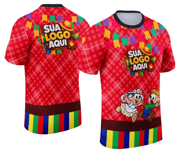Camiseta unissex branca com logo no peito e estampa grande nas costas com tema Festa Junina Arraiá, ideal para ocasiões juninas e celebrações típicas.
