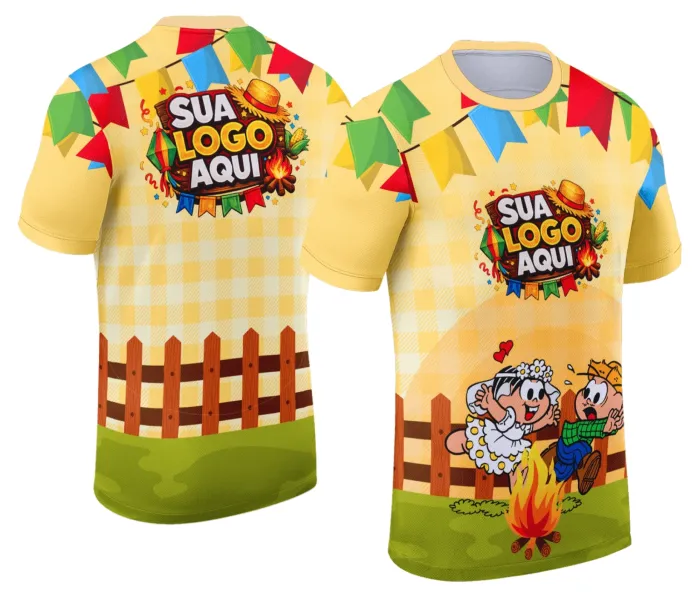 Camiseta unissex branca com logo no peito e estampa grande nas costas, tema Festa Junina Arraiá, ideal para eventos juninos com design alegre e colorido.