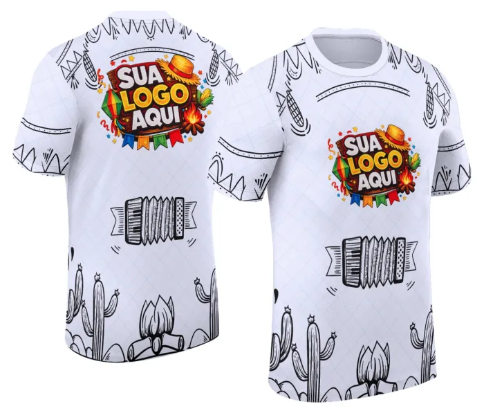 Camisa unissex branca com logo no peito e estampa grande nas costas, tema Festa Junina Arraiá Modelo 089, perfeita para festas juninas e eventos típicos.