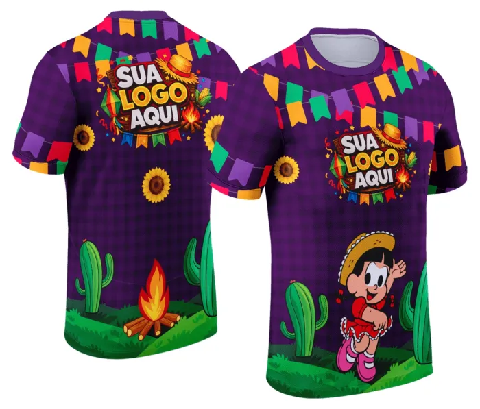 Camiseta unissex branca com logo no peito e estampa grande nas costas com tema Festa Junina Arraiá, ideal para comemorações típicas em clima alegre e caipira.