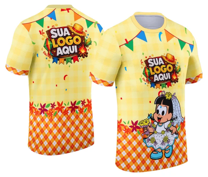 Camiseta unissex branca com logo no peito e estampa grande nas costas com tema Festa Junina Arraiá, perfeita para celebracoes tradicionais e eventos juninos.